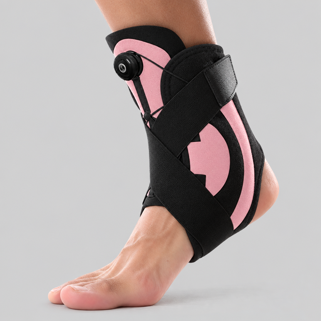 Ankletica adjustable dial ankle brace in pink, side view worn on foot